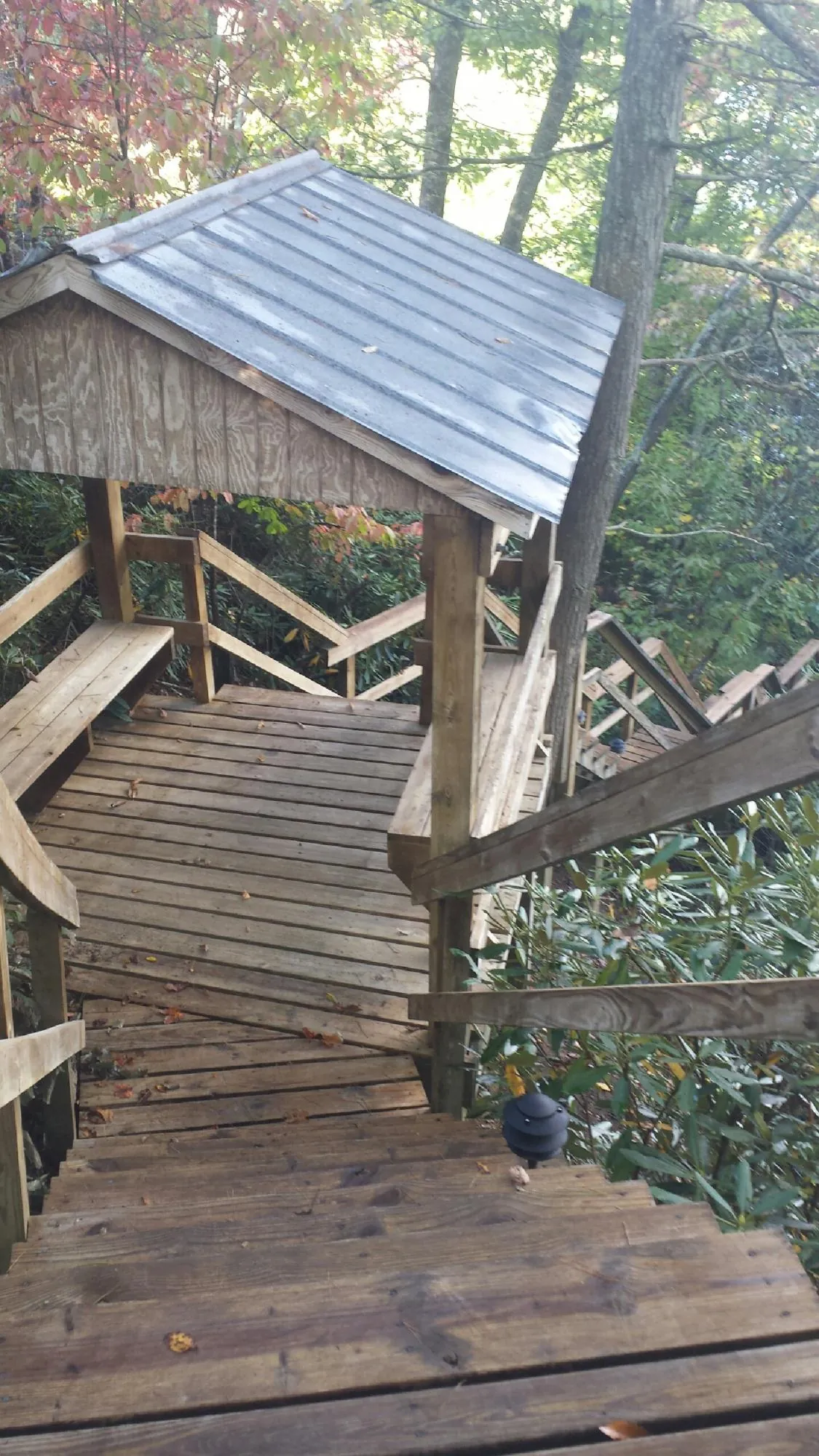 Metal roofed shelter over wooden steps on a wooded walkway — Skylight Repair & Installation work by our crew in Genoa